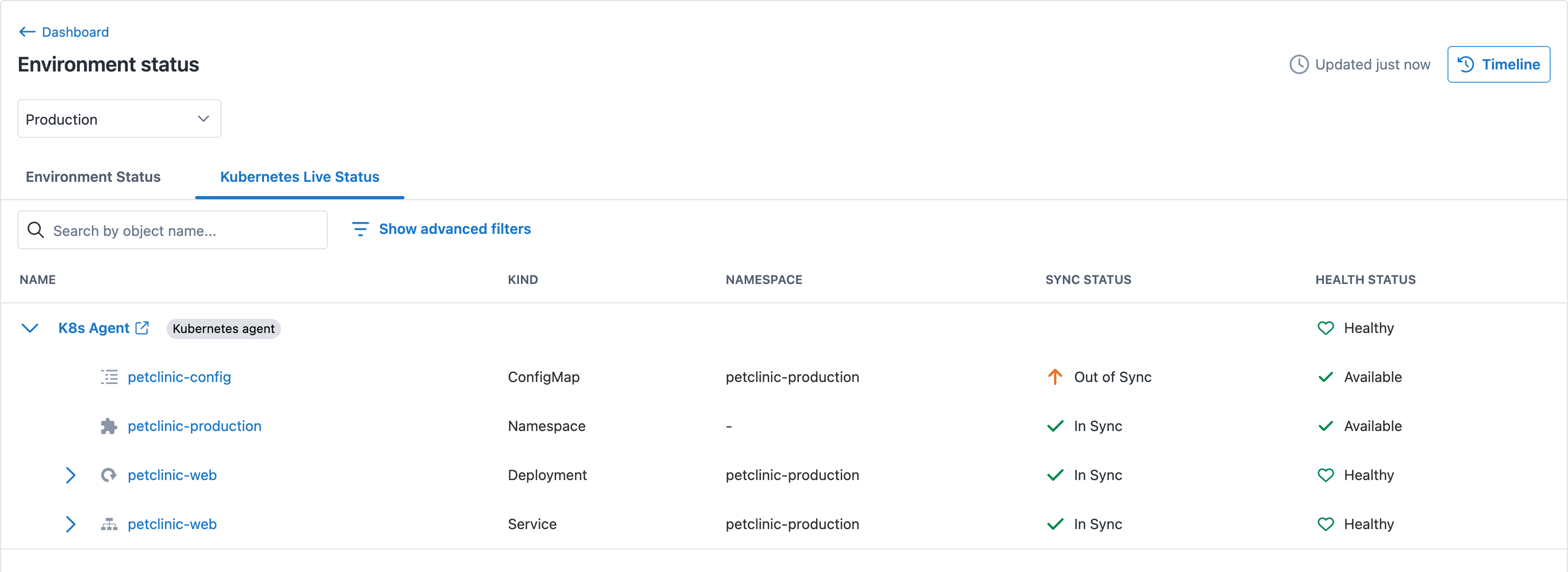 The Kubernetes Live Status tab for Production, listing each object’s kind, namespace, sync status, and health status